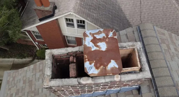 Atlanta chimney before crown repair with open gaps around the clay flues