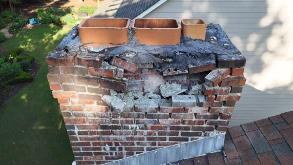 Atlanta chimney before repair with displaced upper bricks and deteriorated masonry