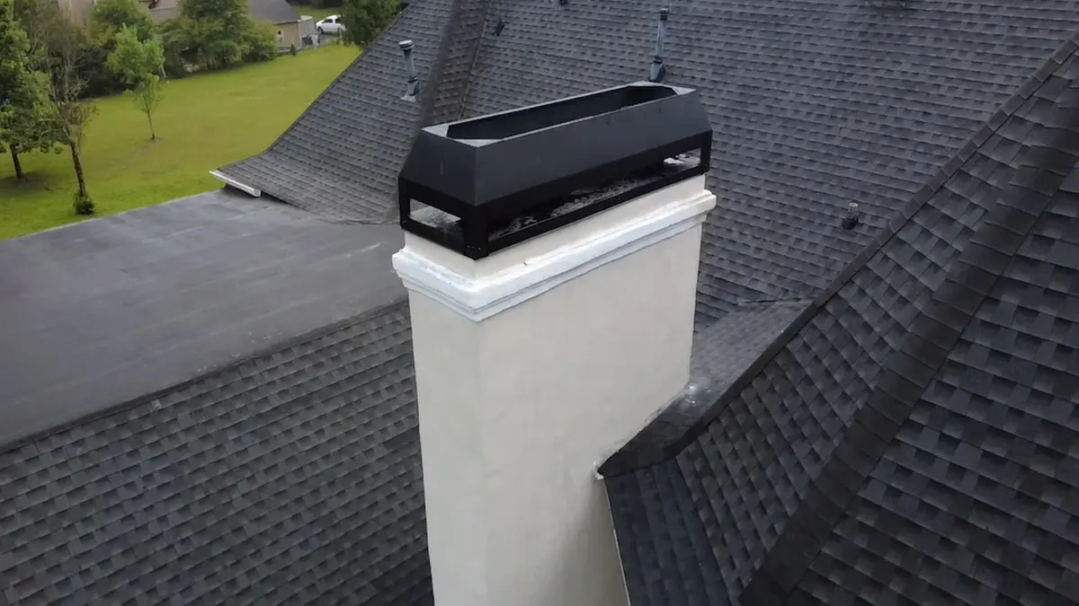Wide multi-flue chimney cap installed over a residential masonry chimney