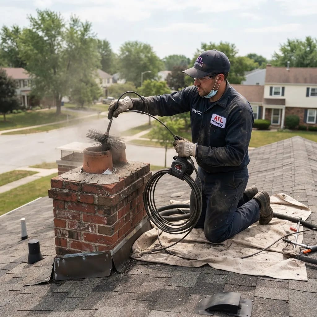 Illustration of chimney sweeping and creosote removal from a residential flue