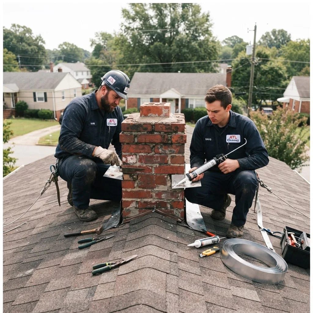 Illustration of a technician repairing chimney flashing to address a leak