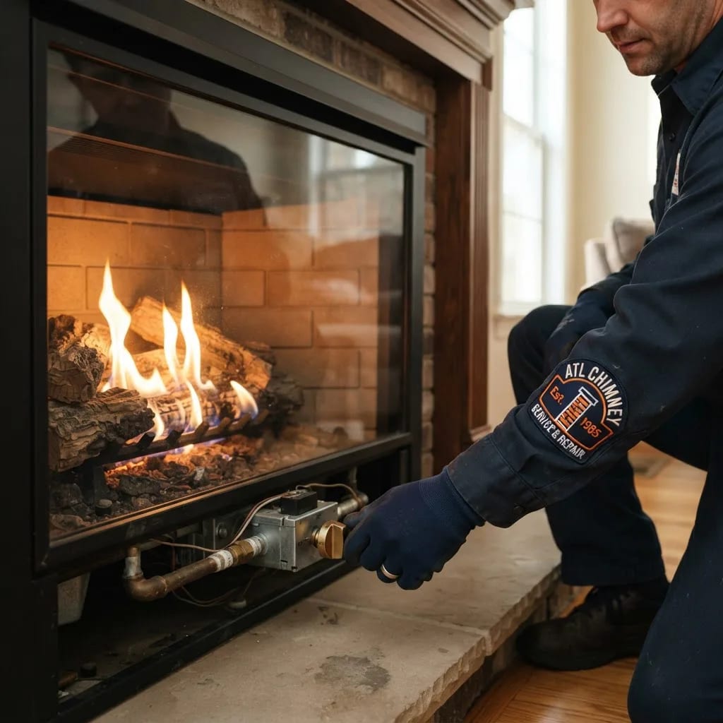 Gas fireplace system prepared for inspection and repair in an Atlanta-area home