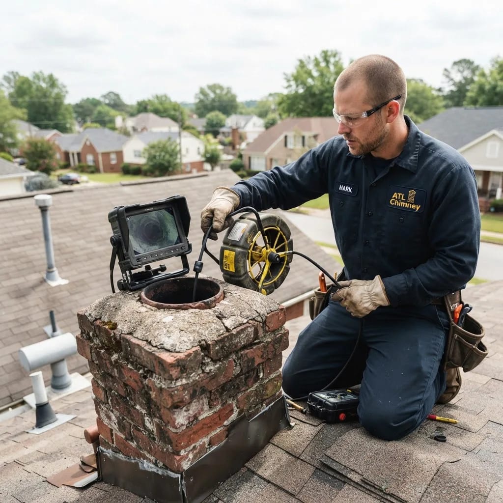 Illustration of a technician performing a video camera chimney inspection