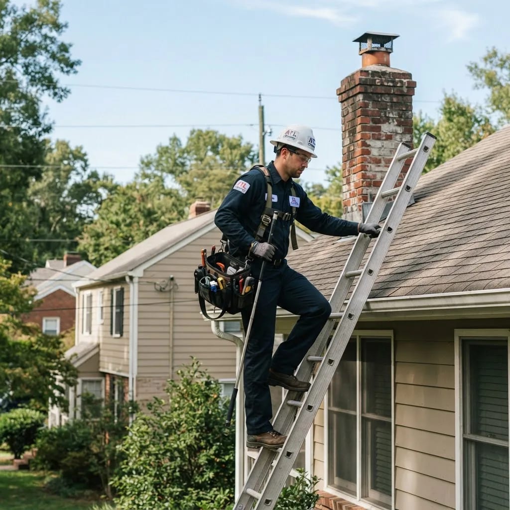 Illustration of a technician installing a chimney cap on a residential roof