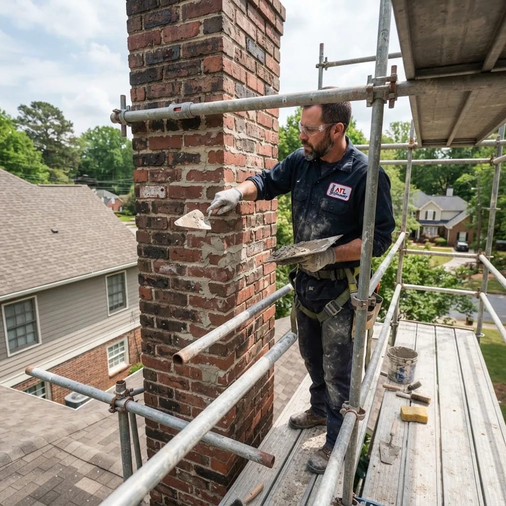 Illustration of a mason rebuilding a brick chimney
