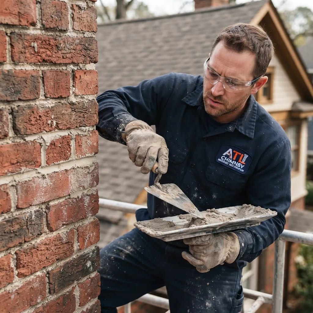 Illustration of a technician repairing a damaged brick chimney in Atlanta