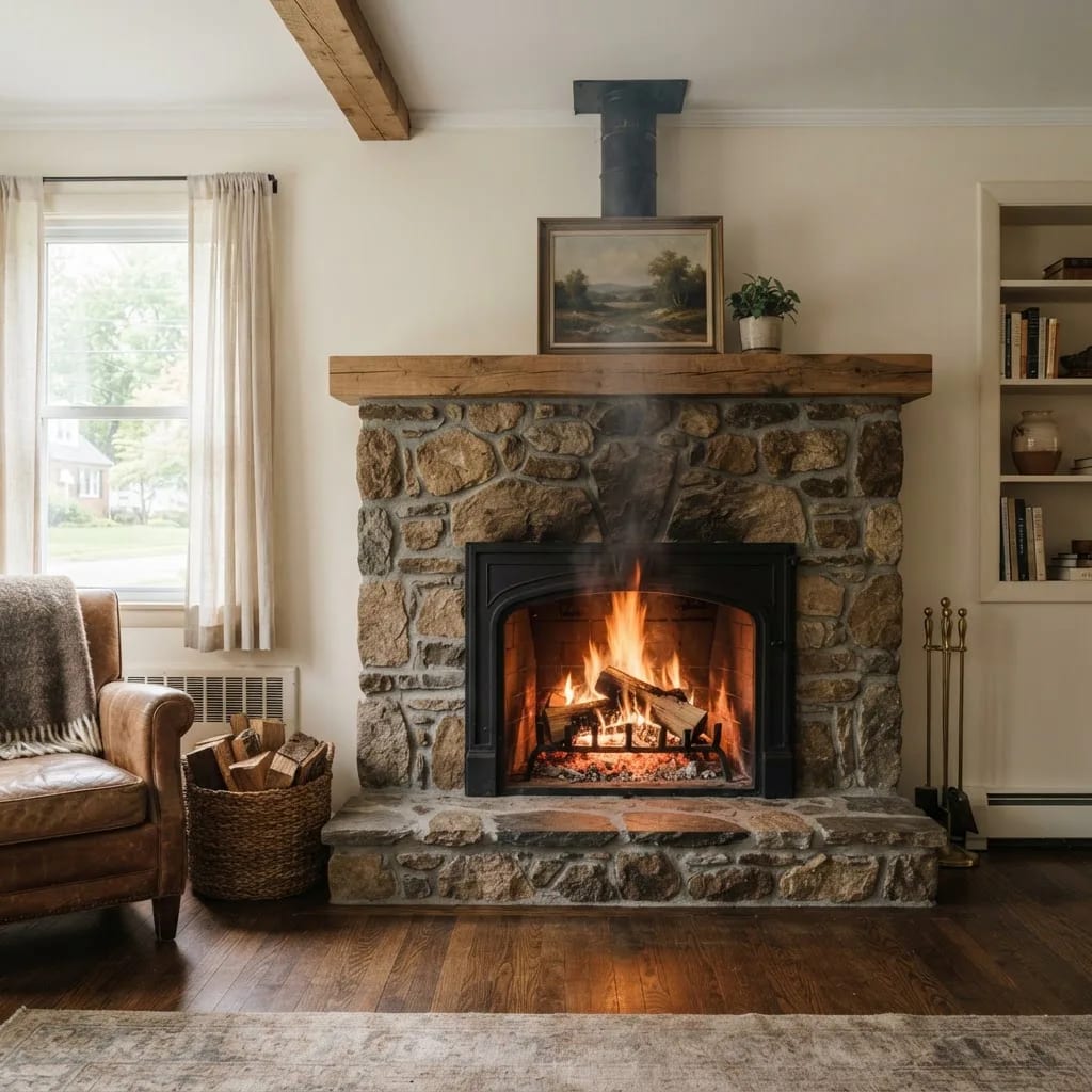 Illustration of a restored stone fireplace